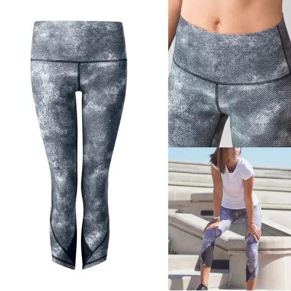 Lululemon | Essential Rhythm Black & Gray Chevron High Waist Cropped Leggings - Picture 3 of 8